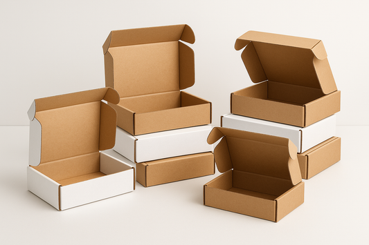 open mailer boxes for the hero banner,干净的空场景 + 一叠开合的飞机盒